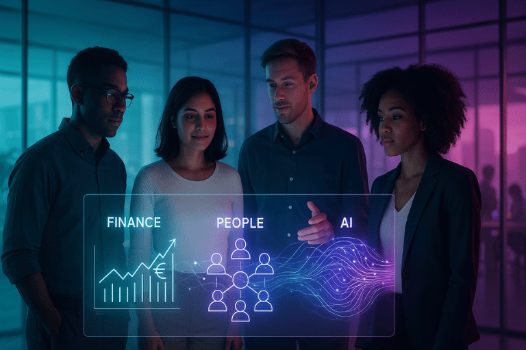 Finance and People leaders at a tech startup being catalysts for their company's growth, leveraging AI. Profitable Growth by JP Durrios