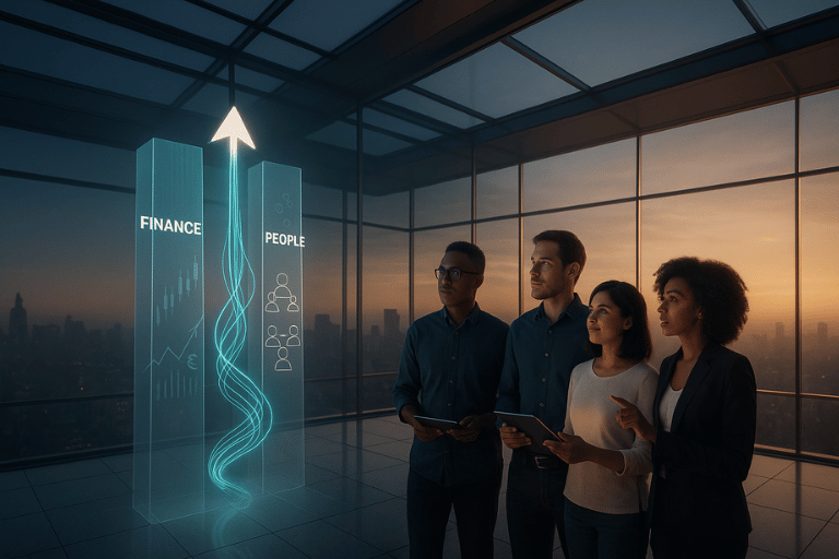 Finance and People leaders at a tech startup being catalysts for their company's growth, leveraging AI. Profitable Growth by JP Durrios